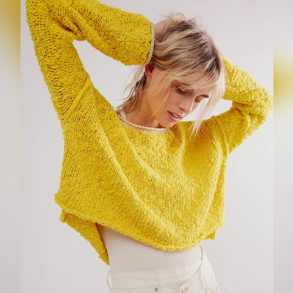 NEW Free People Yellow Chutney Combo Rosie Nubby Knit Cropped Sweater S - Picture 1 of 4